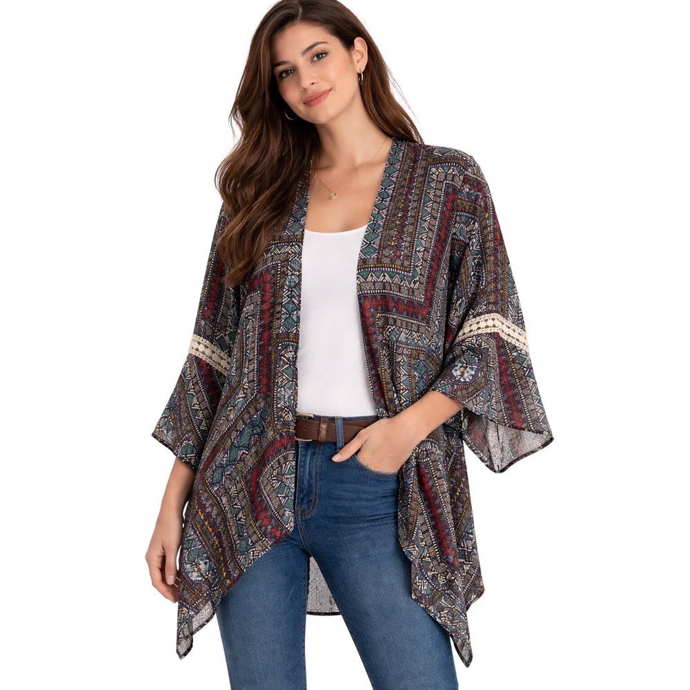 MILEY & MOLLY Boho Geometric Print Kimono Duster Cardigan Fringe Sleeve Lace